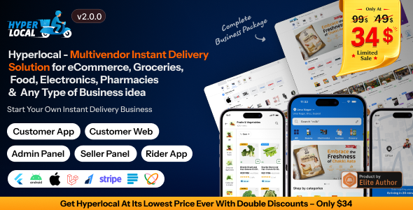 Hyperlocal – Multivendor eCommerce, Grocery, Food, Pharmacy Flutter Delivery app – Admin & Website
