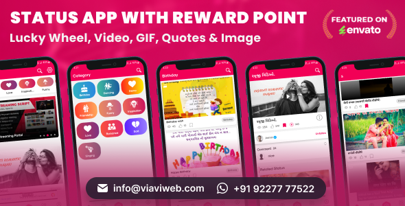 Android Status App With Reward Point (Lucky Wheel, Video, GIF, Quotes & Image)