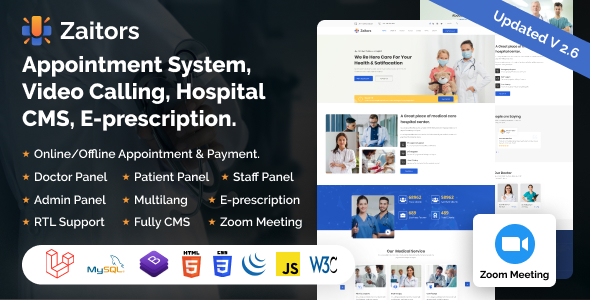 Zaitors – Appointment System, Video/Audio Calling, E-prescription. Hospital CMS Laravel.