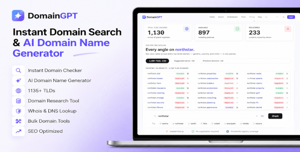 Domain GPT – AI Domain Name Generator – Instant Domain Search – React Nextjs script.