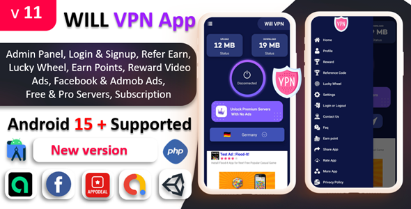 WILL VPN App – VPN App With Admin Panel – Secure VPN & Fast VPN – Refer & Earn – Reward Lucky Wheel