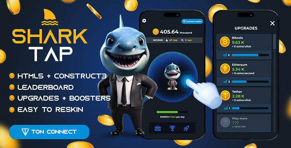 Shark Tap – Crypto Clicker Game – HTML5 + Construct 3 – Web + Mini Apps + Mobile Ready