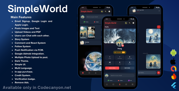 Simple World – Flutter Facebook Clone Full Application with Admin Panel